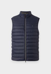 Vesta puffer navy cu cusături verticale, guler înalt, fermoar frontal și un logo discret pe piept. Design ușor, quilted.