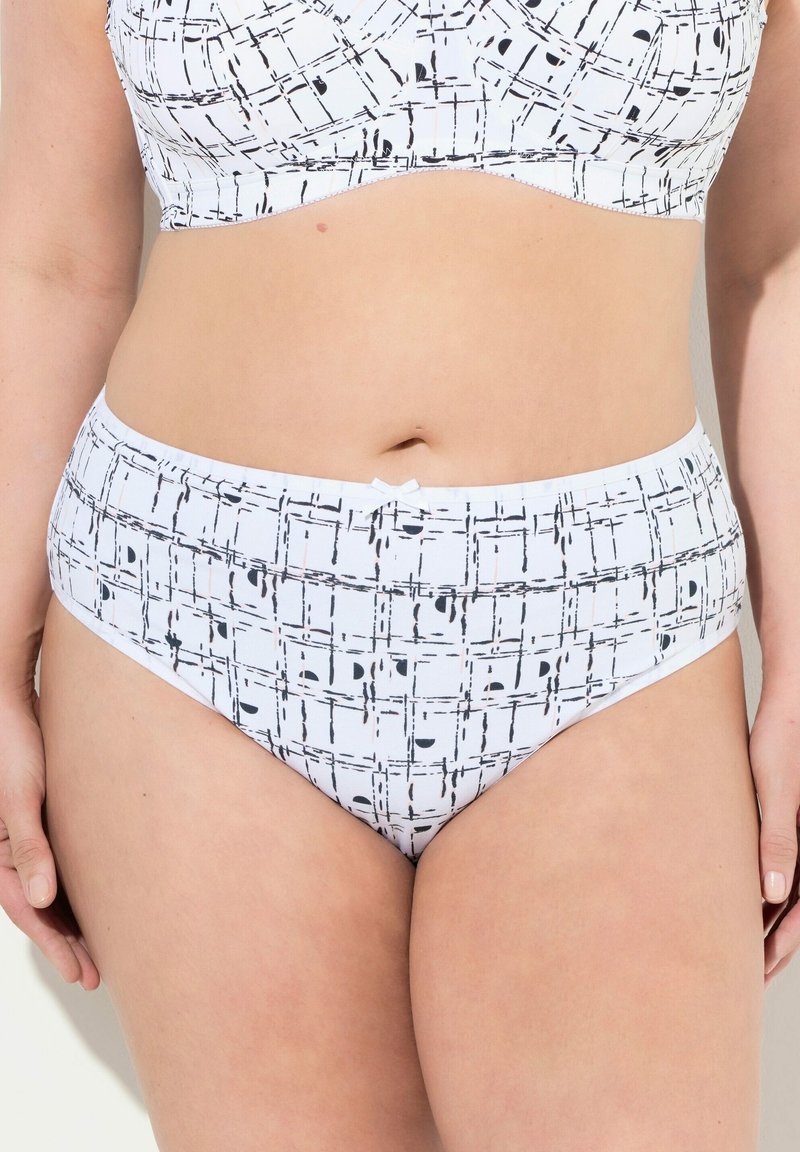 Witte ondergoed met een zwart rasterpatroon, met een gladde textuur, elastische tailleband en een klein decoratief strikje aan de voorkant.