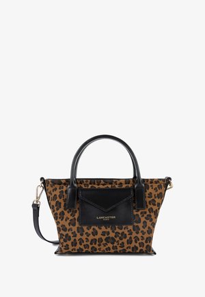 Leoprint-Handtasche aus Stoff mit schwarzen Lederelementen. Verfügt über zwei Griffe, einen abnehmbaren Schultergurt und eine Vordertasche.