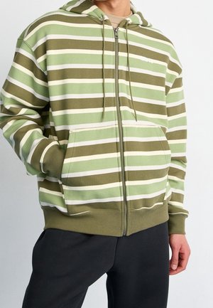 Green and white striped zip-up hoodie with a spacious front pocket, drawstring hood, and ribbed cuffs and hem. Soft fabric texture.
