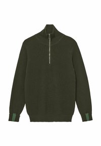 Dark green knitted sweater with a high collar and short zip closure, featuring ribbed cuffs with green accent stripes.