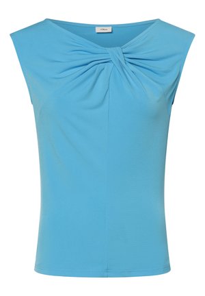 Lichtblauwe mouwloze top met een ronde halslijn en een twistdetail in het midden. Gemaakt van zachte, gladde stof met een getailleerde pasvorm.