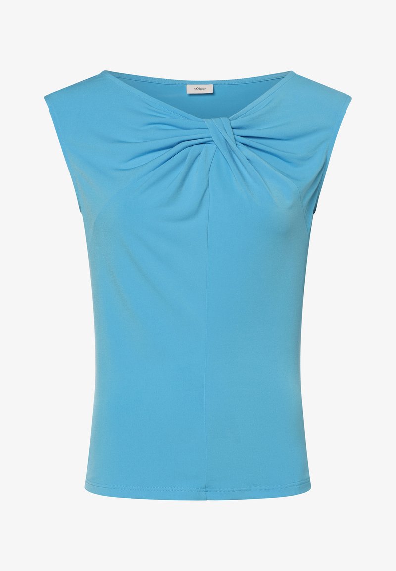 Light blue sleeveless top with a round neckline and center twist detail. Made from soft, smooth fabric with a fitted silhouette.