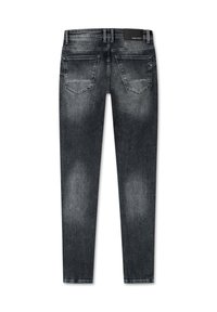 Slim-fit, donkergrijze spijkerbroek met een vervaagd uiterlijk, voorzien van twee achterzakken en een label bij de tailleband. Gladde textuur en een schoon ontwerp.