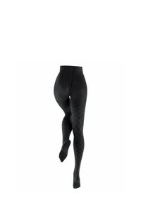 Schwarze Strumpfhosen mit hoher Taille, die ein strukturiertes Rautenmuster in einer kontrastierenden Farbe aufweisen. Glattes Material und figurschmeichelnder Schnitt für Tragekomfort.