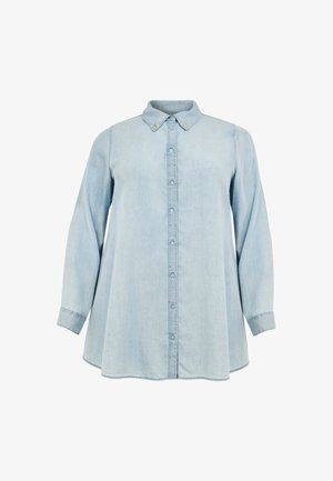 Hellblaues langärmliges Jeanshemd mit Kragen und durchgeknöpftem Vorderteil, ausgestelltem Saum und dekorativer Stickerei an den Kragenspitzen.