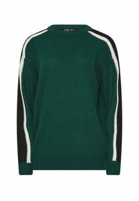 Maglione verde lavorato a maglia con scollo a girocollo, maniche nere a contrasto e strisce bianche laterali. Tessuto testurizzato con vestibilità morbida.