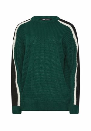 Maglione verde lavorato a maglia con scollo a girocollo, maniche nere a contrasto e strisce bianche laterali. Tessuto testurizzato con vestibilità morbida.