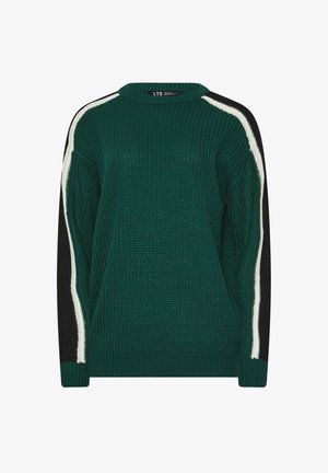 Groen gebreid sweater met een ronde hals, contrasterende zwarte mouwen en witte zijstrepen. Textuurstof met een ontspannen pasvorm.