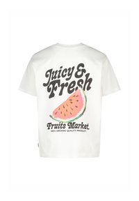 Weißes Baumwoll-T-Shirt mit grafischem Motiv einer bunten Wassermelone und dem Text "Saftige & Frische Obstmarkt. 100% Bio-Qualitätsprodukt."