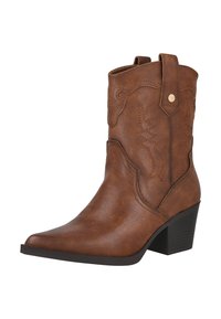 Bota de cowboy de imitación cuero marrón con punta afilada, bordado sutil y tiradores, con un tacón apilado moderado.