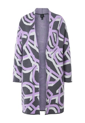 Pletený kardigan s geometrickým vzorem v odstínech šedé, levandulové a bílé. Otevřený přední díl a tříčtvrteční rukávy. Měkká textura.