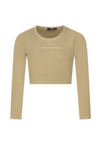 Haut beige à manches longues coupé, en tissu côtelé, avec un col rond et le texte "LE TEMPS DES CERISES" imprimé en blanc.