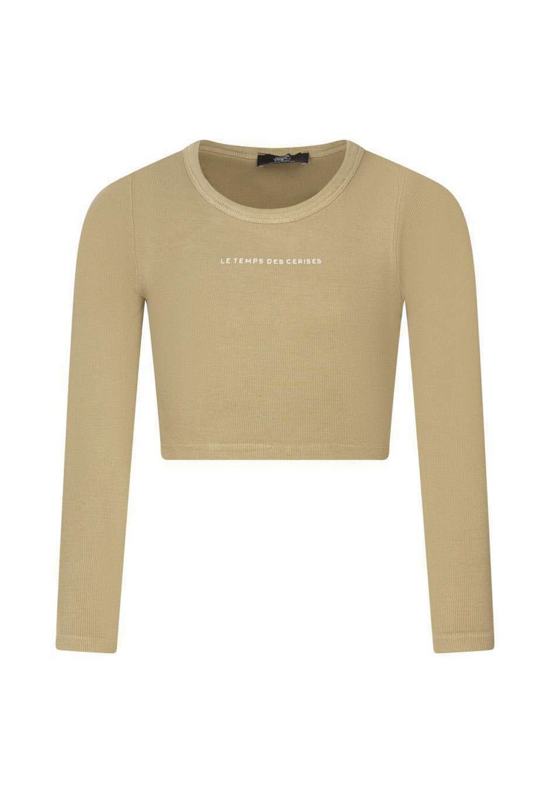 Haut beige à manches longues coupé, en tissu côtelé, avec un col rond et le texte "LE TEMPS DES CERISES" imprimé en blanc.