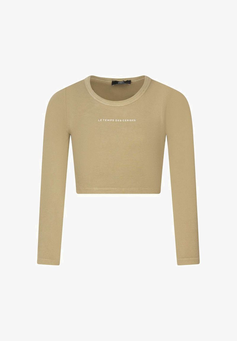 Haut beige à manches longues coupé, en tissu côtelé, avec un col rond et le texte "LE TEMPS DES CERISES" imprimé en blanc.