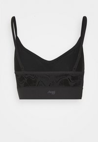 Zwarte bralette met dunne bandjes, een V-hals en een gewatteerde meshband met een golfpatroon aan de onderkant. Merklogo zichtbaar.