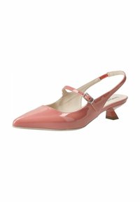 Chaussure slingback en cuir verni rose avec un bout pointu, un petit talon bloc et une fine sangle à la cheville dotée d'une boucle métallique.