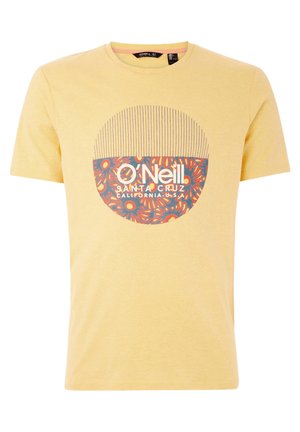 T-shirt jaune à manches courtes avec un graphisme circulaire présentant des motifs floraux orange et bleu et le texte "O’Neill Santa Cruz California USA."