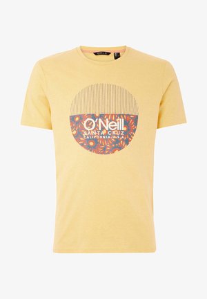 T-shirt jaune à manches courtes avec un graphisme circulaire présentant des motifs floraux orange et bleu et le texte "O’Neill Santa Cruz California USA."