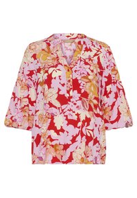 Gėlių blusas su V formos iškirpte, trumpomis varpo formos rankovėmis ir raudonos, rožinės bei oranžinės spalvų palete, kuriame dominuoja dideli gėlių raštai. Lygi medžiaga.