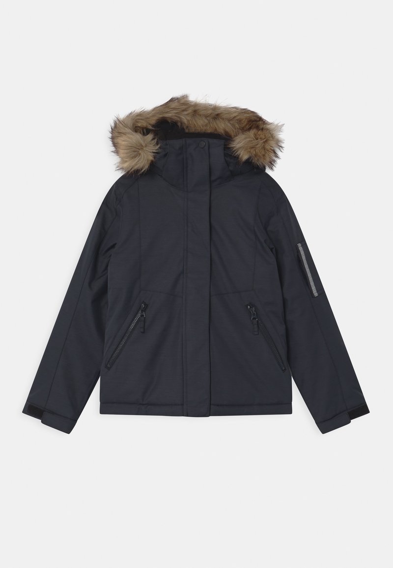 Veste d'hiver noire avec capuche doublée de fourrure, fermeture éclair à l'avant, deux poches zippées et une poche zippée supplémentaire sur la manche.