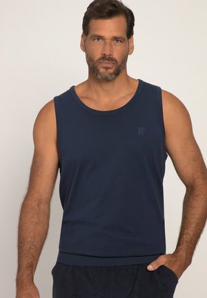 Top senza maniche di colore blu navy realizzato in tessuto morbido, con scollatura rotonda e dettagli del logo discreti sul petto. Design semplice.