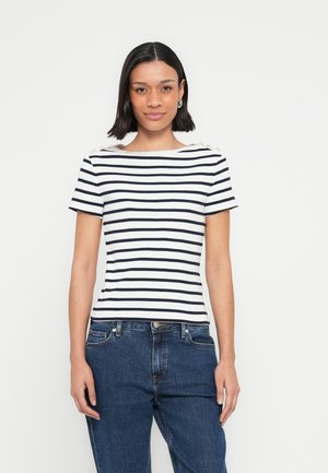 Tommy Hilfiger GOLD-TONE BUTTON SLIM BOAT NECK T-SHIRT - T-shirt imprimé - ecru/dark night navy