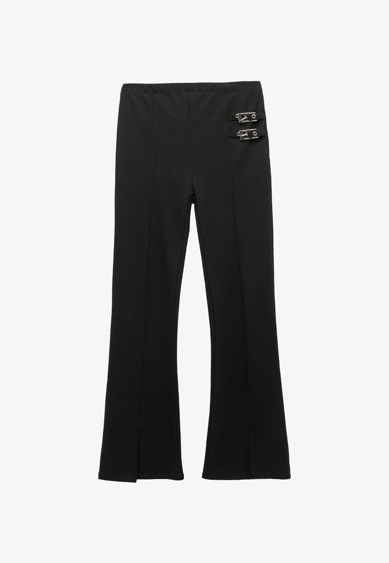 Black flare pants with a soft, stretchy fabric. Features two silver buckles on the waistband and front slits at the hem.