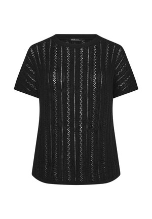 Zwart gebreid topje met korte mouwen, verticale kanten patronen en een ronde halslijn, met een semi-transparant gestructureerd ontwerp.