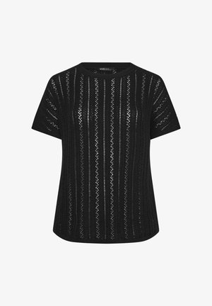 Zwart gebreid topje met korte mouwen, verticale kanten patronen en een ronde halslijn, met een semi-transparant gestructureerd ontwerp.