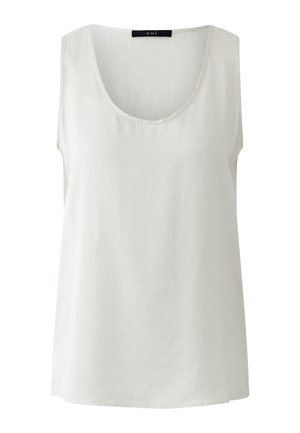 White sleeveless blouse with scoop neckline, smooth fabric, and a black tag labeled 'oui' at the back collar.