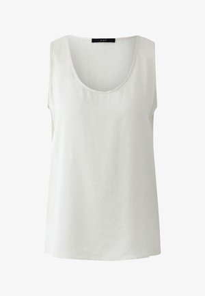 White sleeveless blouse with scoop neckline, smooth fabric, and a black tag labeled 'oui' at the back collar.
