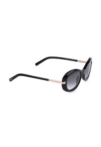 Lunettes de soleil ovales noires avec verres foncés dégradés et branches fines noires avec des accents dorés et un petit détail de marque aux extrémités des branches.