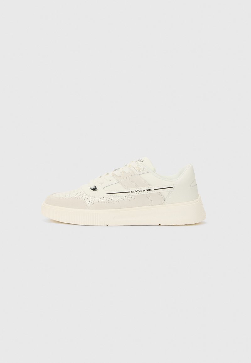 White sneaker with mesh and suede materials, round toe, lace-up front, low profile, and logo accents on the side and tongue.