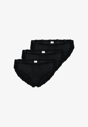 Drei gestapelte schwarze Spitzen-Bikinislips für Frauen, jeder mit einer kleinen Schleife und einem weißen Größenschild in der Mitte des Bunds.