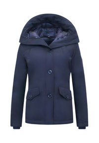 Marineblauwe waterdichte jas met een grote capuchon, voorzien van twee zakken aan de voorkant en een knoopsluiting. Gladde buitenkant met een doorgestikte voering.