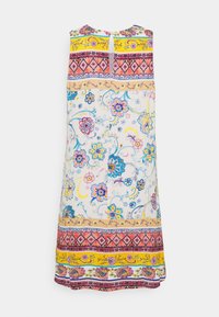 Robe sans manches colorée avec un motif floral. Présente un design jaune, rose et bleu, avec un dos clé et des bordures au motif varié.