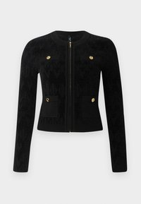 Cardigan lung cu mânecă lungă, negru, cu fermoar, având o textură subtilă cu modele și patru buzunare decorate cu câte un buton aurit pe față.