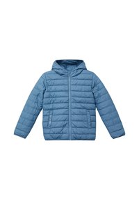 Blaues Steppjacke mit Kapuze, ausgestattet mit einem gepolsterten Design, einem Reißverschluss vorne und zwei Seitentaschen. Hergestellt aus leichtem, isoliertem Material.