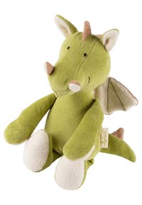Plush dragon toy in green fabric with soft beige accents, small brown horns, and textured wings. Features a rounded head and limbs.