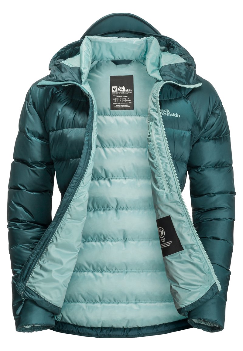 Türkiser Pufferjacke mit Kapuze, ausgestattet mit einer glänzenden Außenschale, gestepptem Muster und hellblauer Innenauskleidung. Enthält ein Markenlabel innen.