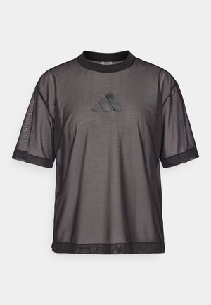 Črna mrežasta kratkolenčna majica s krožnim izrezom in teksturiranim Adidasovim logotipom na prsih. Ima zračen material za boljše prezračevanje.