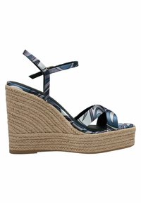 Women's wedge sandals with a woven jute base and blue patterned strap design. The upper features thin ankle and toe straps, and a smooth texture.