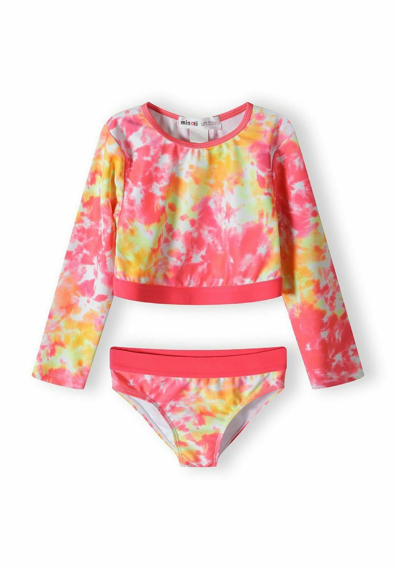 Ensemble de maillot de bain deux pièces comprenant un haut à manches longues et un bas de bikini. Motif tie-dye lumineux en rose, jaune et blanc avec des détails en rose uni.