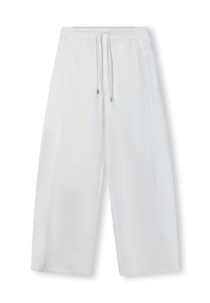 Pantaloni bianchi al ginocchio con vita elastica e cordoncino. Presentano due tasche laterali e un tessuto leggero e morbido.