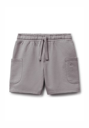 Pantaloni corti in cotone grigi con vita elasticizzata, cordoncino di regolazione e due tasche laterali. Tessuto liscio e vestibilità rilassata per il massimo comfort.