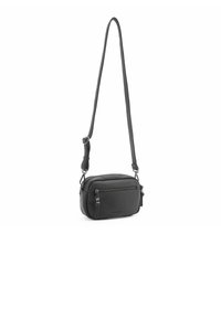 Borsa a tracolla nera in pelle con forma rettangolare, tasca frontale con zip, tracolla regolabile e finitura leggermente texture.