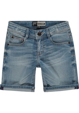 Jeansshorts in Hellblau mit klassischem 5-Pocket-Design, vorderem Knopfverschluss und umgeschlagenen Säumen. Weiche Textur mit ausgebleichten Bereichen.