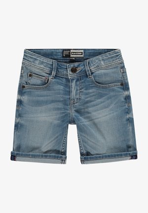 Lysblå denim shorts med et klassisk 5-lomme design, frontlukning med knap og oprullede manchetter. Blød tekstur med falmede områder.