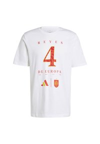 Hvit bomull t-skjorte med trykte røde og gule tekstene "REYES 4 DE EUROPA" og logoer for Adidas og det spanske landslaget.